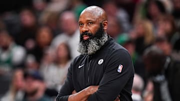 Feb 14, 2024; Boston, Massachusetts, USA; Brooklyn Nets head coach Jacque Vaughn watches from the sideline at they take on the Boston Celtics at TD Garden. Mandatory Credit: David Butler II-Imagn Images