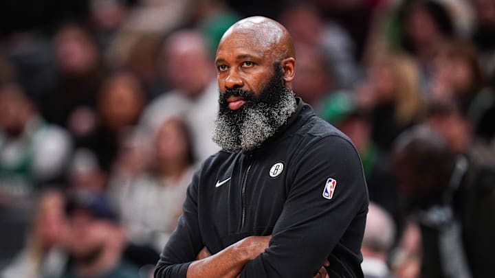 Feb 14, 2024; Boston, Massachusetts, USA; Brooklyn Nets head coach Jacque Vaughn watches from the sideline at they take on the Boston Celtics at TD Garden. Mandatory Credit: David Butler II-Imagn Images