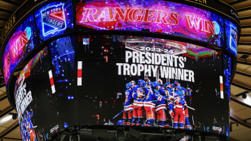 Apr 15, 2024; New York, New York, USA;  The scoreboard displays a graphic for the New York Rangers winning the President’s Trophy after defeating the Ottawa Senators 4-0 at Madison Square Garden. Mandatory Credit: Wendell Cruz-USA TODAY Sports