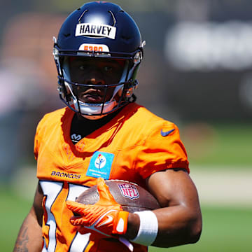 May 10, 2025; Englewood, CO, USA; Denver Broncos running back RJ Harvey (37) during rookie minicamp at Broncos Park Powered by CommonSpirit. 