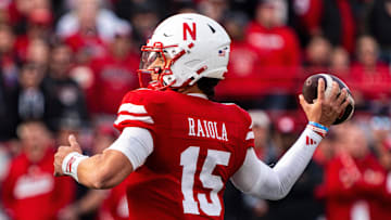 Nebraska Cornhuskers quarterback Dylan Raiola throws against the Wisconsin Badgers during the first quarter at Memorial Stadium.