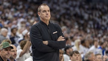 Apr 20, 2024; Minneapolis, Minnesota, USA; Phoenix Suns head coach Frank Vogel looks on against the Minnesota Timberwolves in the first half during game one of the first round for the 2024 NBA playoffs at Target Center. Mandatory Credit: Jesse Johnson-Imagn Images
