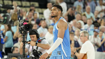 Greece forward Giannis Antetokounmpo after their loss against Germany during the Paris 2024 Olympics.