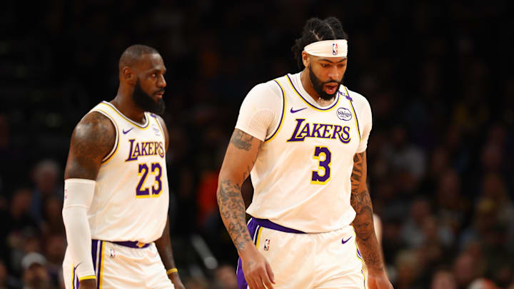 Nov 26, 2024; Phoenix, Arizona, USA; Los Angeles Lakers forward LeBron James (23) and forward Anthony Davis (3) against the Phoenix Suns during an NBA Cup game at Footprint Center. Mandatory Credit: Mark J. Rebilas-Imagn Images
