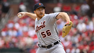 May 6, 2023; St. Louis, Missouri, USA;  Detroit Tigers starting pitcher Spencer Turnbull (56) pitches against the St. Louis Cardinals during the first inning at Busch Stadium.