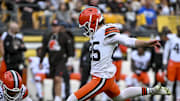 Oct 12, 2025; Pittsburgh, Pennsylvania, USA; Cleveland Browns kicker Andre Szmyt (25) attempts to kick a field goal during the second quarter at Acrisure Stadium. Mandatory Credit: Barry Reeger-Imagn Images