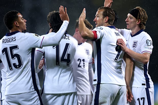 Anthony Gordon (far right) celebrating with England.