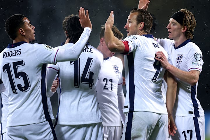 Anthony Gordon (far right) celebrating with England.