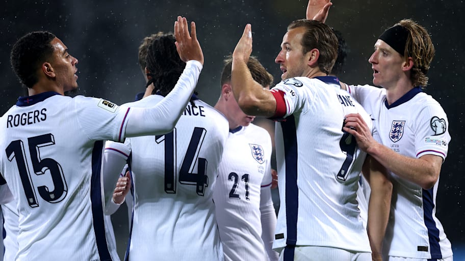Anthony Gordon (far right) celebrating with England.