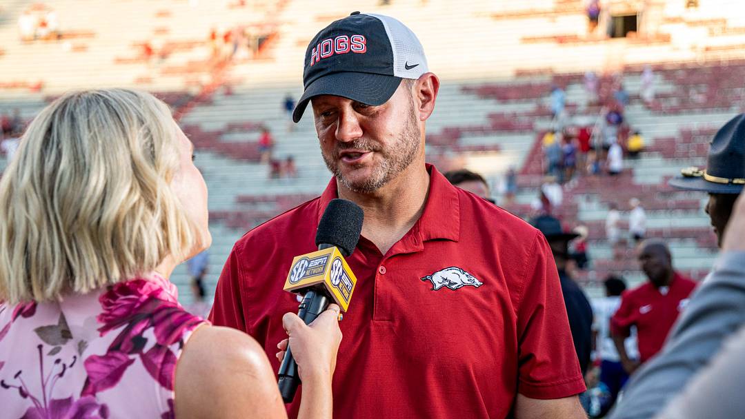 Arkansas coach Ryan Silverfield speaks to a sideline reporter with the SEC Network following Arkansas' 31-14 victory over North Alabama Arkansas coach Ryan Silverfield speaks to a sideline reporter with the SEC Network following Arkansas' 31-14 victory over North Alabama