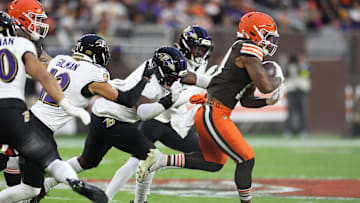 Nov 16, 2025; Cleveland, Ohio, USA; Cleveland Browns running back Quinshon Judkins (10) runs for a gain during the first quarter against the Baltimore Ravens at Huntington Bank Field. Mandatory Credit: Scott Galvin-Imagn Images