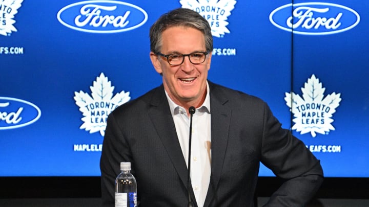 May 21, 2024; Toronto, Ontario, CANADA;  Toronto Maple Leafs president Brendan Shanahan speaks during a media conference to introduce new head coach Craig Berube (not shown) at Ford Performance Centre. Mandatory Credit: Dan Hamilton-USA TODAY Sports