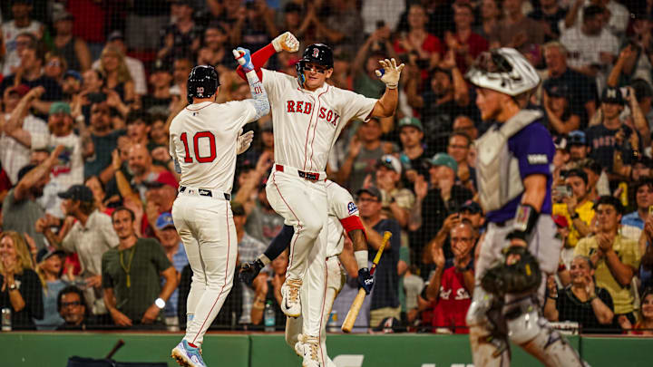 Jul 8, 2025; Boston, Massachusetts, USA; Boston Red Sox shortstop Trevor Story (10) celebrates after hitting a two run home run against the Colorado Rockies in the seventh inning at Fenway Park. 