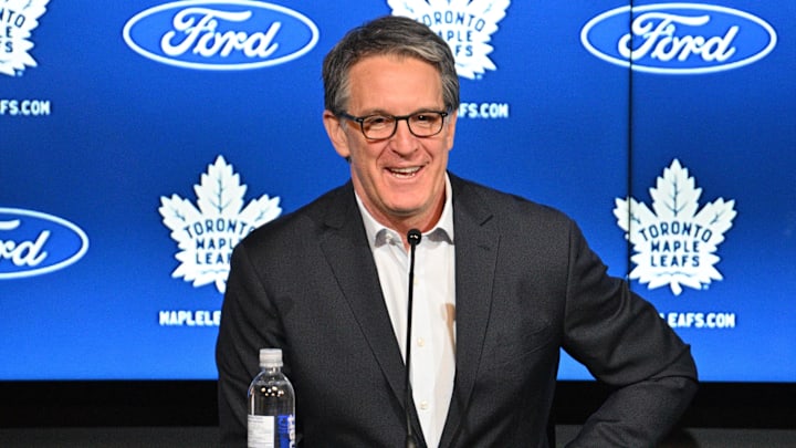 May 21, 2024; Toronto, Ontario, CANADA;  Toronto Maple Leafs president Brendan Shanahan speaks during a media conference to introduce new head coach Craig Berube (not shown) at Ford Performance Centre. Mandatory Credit: Dan Hamilton-Imagn Images