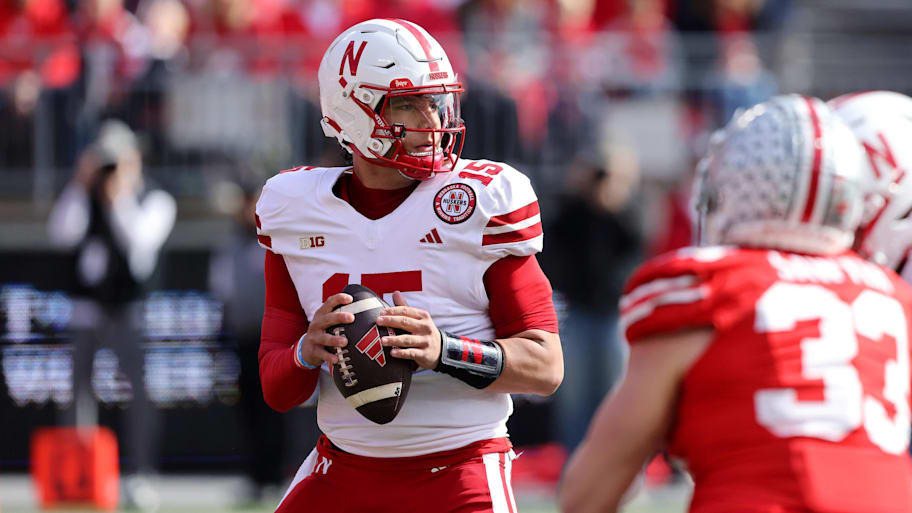 Nebraska Cornhuskers quarterback Dylan Raiola (15) drops to throw during the first quarter against the Ohio State Buckeyes.