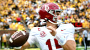 Oct 11, 2025; Columbia, MO, USA; Alabama Crimson Tide quarterback Ty Simpson (15) throws a pass in the first quarter against the Missouri Tigers at Faurot Field at Memorial Stadium. | Matt Guzman/MissouriOnSI