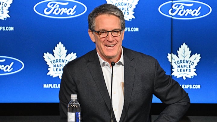 May 21, 2024; Toronto, Ontario, CANADA;  Toronto Maple Leafs president Brendan Shanahan speaks during a media conference to introduce new head coach Craig Berube (not shown) at Ford Performance Centre. Mandatory Credit: Dan Hamilton-Imagn Images