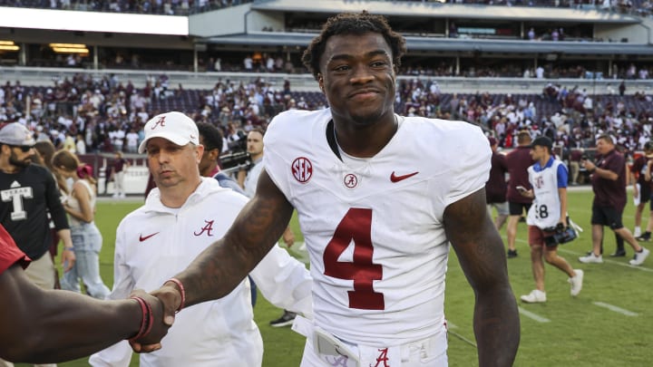 Oct 7, 2023; College Station, Texas, USA; Alabama Crimson Tide quarterback Jalen Milroe (4) smiles on the field after the game against the Texas A&M Aggies at Kyle Field. Mandatory Credit: Troy Taormina-USA TODAY Sports