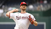 Jul 23, 2025; Washington, District of Columbia, USA; Washington Nationals starting pitcher Michael Soroka (34) throws to the Cincinnati Reds during the first inning at Nationals Park. Mandatory Credit: Brad Mills-Imagn Images
