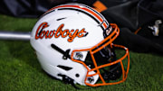 Sep 9, 2023; Tempe, Arizona, USA; Detailed view of an Oklahoma State Cowboys helmet at Mountain America Stadium. Mandatory Credit: Mark J. Rebilas-Imagn Images