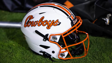 Sep 9, 2023; Tempe, Arizona, USA; Detailed view of an Oklahoma State Cowboys helmet at Mountain America Stadium. Mandatory Credit: Mark J. Rebilas-Imagn Images
