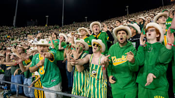 Oregon fans dance to “Shout” as the Oregon Ducks host the Minnesota Golden Gophers on Nov. 14, 2025, at Autzen Stadium in Eugene, Oregon.
