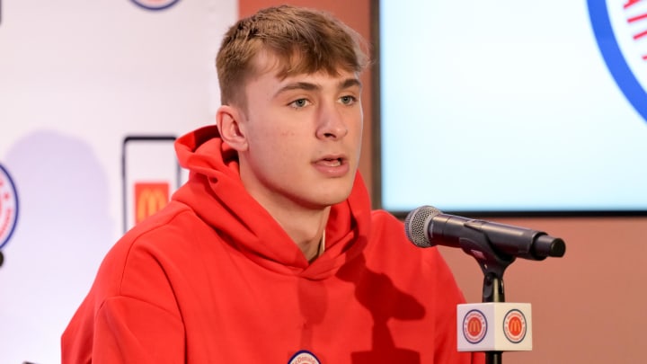 Apr 1, 2024; Houston, TX, USA; McDonald's All American East forward Cooper Flagg speaks during a press conference at JW Marriott Houston by The Galleria. Mandatory Credit: Maria Lysaker-USA TODAY Sports