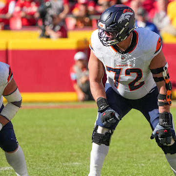 Nov 10, 2024; Kansas City, Missouri, USA; Denver Broncos offensive tackle Garett Bolles (72) at the line of scrimmage against the Kansas City Chiefs during the game at GEHA Field at Arrowhead Stadium. Mandatory Credit: Denny Medley-Imagn Images