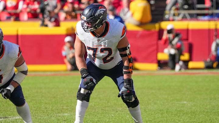 Nov 10, 2024; Kansas City, Missouri, USA; Denver Broncos offensive tackle Garett Bolles (72) at the line of scrimmage against the Kansas City Chiefs during the game at GEHA Field at Arrowhead Stadium. Mandatory Credit: Denny Medley-Imagn Images Nov 10, 2024; Kansas City, Missouri, USA; Denver Broncos offensive tackle Garett Bolles (72) at the line of scrimmage against the Kansas City Chiefs during the game at GEHA Field at Arrowhead Stadium. Mandatory Credit: Denny Medley-Imagn Images