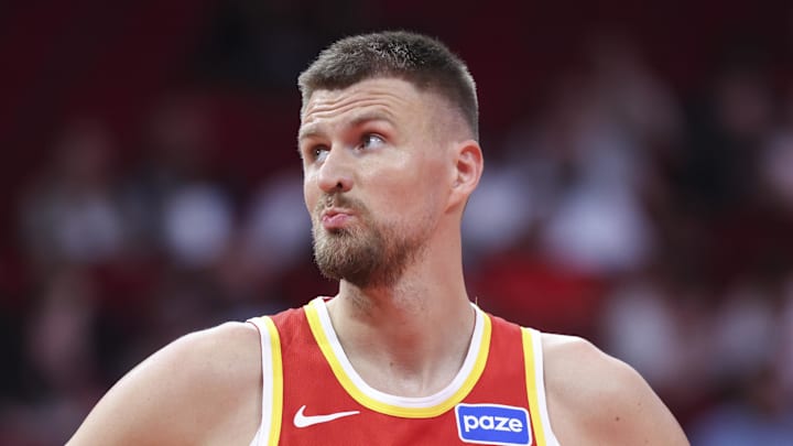 Atlanta Hawks forward/center Kristaps Porzingis reacts during the second quarter against the Houston Rockets at Toyota Center.