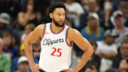 Apr 11, 2025; Sacramento, California, USA; Los Angeles Clippers guard Ben Simmons (25) during the third quarter against the Sacramento Kings at Golden 1 Center.
