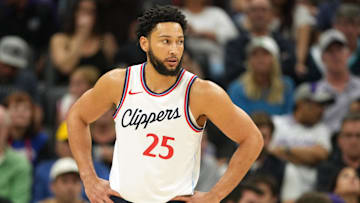 Apr 11, 2025; Sacramento, California, USA; Los Angeles Clippers guard Ben Simmons (25) during the third quarter against the Sacramento Kings at Golden 1 Center.