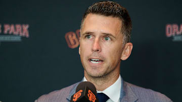 Oct 1, 2024; San Francisco, CA, USA; San Francisco Giants president of baseball operations Buster Posey addresses the media during an introductory press conference at Oracle Park