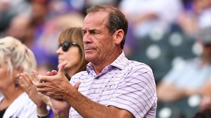 Sep 8, 2018; Denver, CO, USA; Colorado Rockies owner Dick Monfort reacts to a quick end to the top of the first inning against the Los Angeles Dodgers at Coors Field. 
