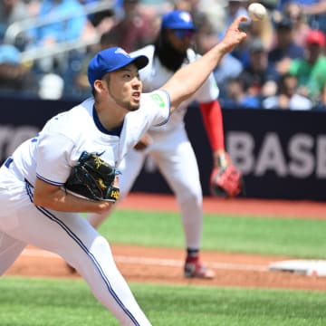 Jun 6, 2024; Toronto, Ontario, CAN;   Toronto Blue Jays starting pitcher Yusei Kikuchi (16) delivers a pitch against the Baltimore Orioles in the second inning at Rogers Centre. Mandatory Credit: Dan Hamilton-USA TODAY Sports