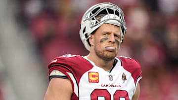Jan 8, 2023; Santa Clara, California, USA; Arizona Cardinals defensive end J.J. Watt (99) walks on the field during the fourth quarter against the San Francisco 49ers at Levi's Stadium. Mandatory Credit: Darren Yamashita-Imagn Images