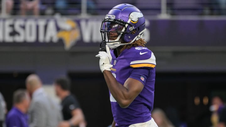 Aug 20, 2022; Minneapolis, Minnesota, USA; Minnesota Vikings safety Lewis Cine (6) warms up before the game against the San Francisco 49ers at U.S. Bank Stadium. Mandatory Credit: Jeffrey Becker-USA TODAY Sports