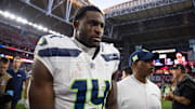 Dec 8, 2024; Glendale, Arizona, USA; Seattle Seahawks wide receiver DK Metcalf (14) against the Arizona Cardinals at State Farm Stadium. Mandatory Credit: Mark J. Rebilas-Imagn Images
