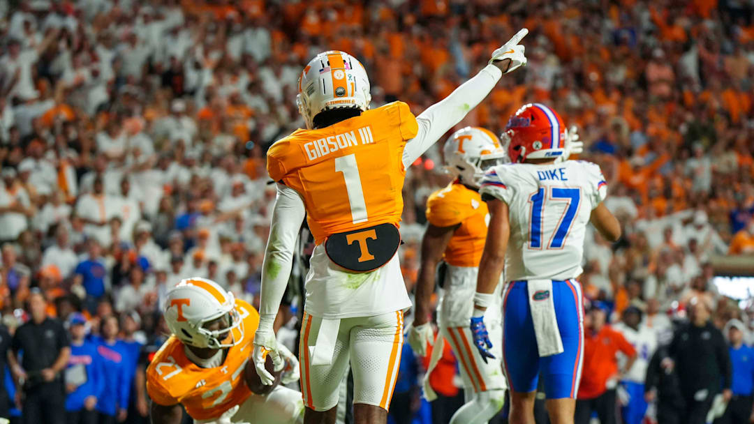 Tennessee Volunteers defensive back Rickey Gibson III reacts after a fumble by the Florida Gators at Neyland Stadium.
