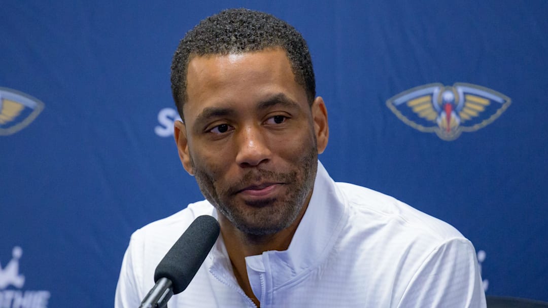 Sep 30, 2024; New Orleans, LA, USA; New Orleans Pelicans general manager Bryson Graham takes part in Pelicans Media Day at the Smoothie King Center. Mandatory Credit: Matthew Hinton-Imagn Images