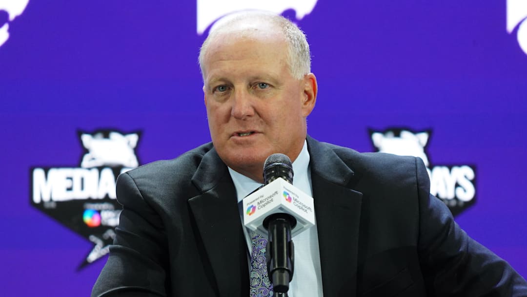 Jul 8, 2025; Frisco, TX, USA; Kansas State head coach Chris Klieman addresses the media during 2025 Big 12 Football Media Days at The Star. Mandatory Credit: Raymond Carlin III-Imagn Images