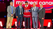 Jun 28, 2024; Las Vegas, Nevada, USA; Michael Hage is selected by the Montreal Canadiens with the 21st overall pick in the first round of the 2024 NHL Draft at The Sphere. Mandatory Credit: Stephen R. Sylvanie-Imagn Images