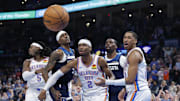 Feb 24, 2025; Oklahoma City, Oklahoma, USA; Oklahoma City Thunder guard Shai Gilgeous-Alexander (2) reacts after a play against the Minnesota Timberwolves during the second half at Paycom Center. Mandatory Credit: Alonzo Adams-Imagn Images