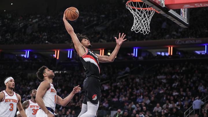 Jan 9, 2024; New York, New York, USA; Portland Trail Blazers guard Shaedon Sharpe (17) goes up for a dunk in the second quarter against the New York Knicks at Madison Square Garden. Mandatory Credit: Wendell Cruz-Imagn Images