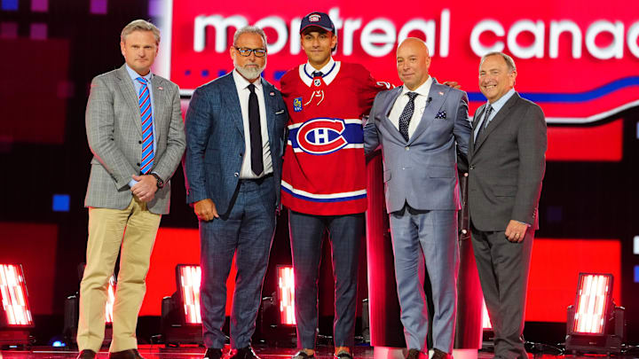 Jun 28, 2024; Las Vegas, Nevada, USA; Michael Hage is selected by the Montreal Canadiens with the 21st overall pick in the first round of the 2024 NHL Draft at The Sphere. Mandatory Credit: Stephen R. Sylvanie-Imagn Images