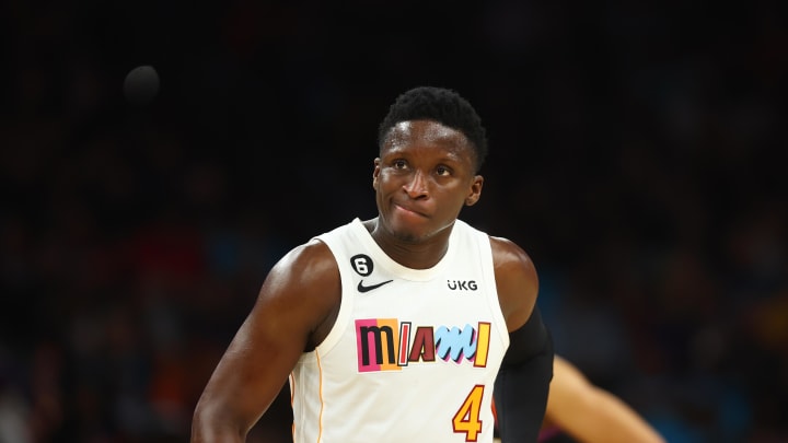 Jan 6, 2023; Phoenix, Arizona, USA; Miami Heat guard Victor Oladipo (4) reacts against the Phoenix Suns at Footprint Center. Mandatory Credit: Mark J. Rebilas-USA TODAY Sports