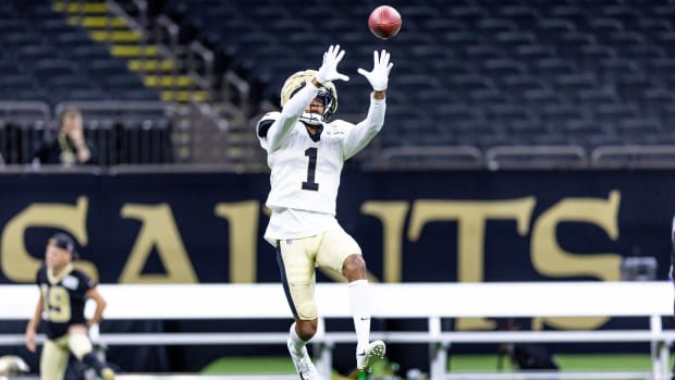 New Orleans Saints cornerback Alontae Taylor (1) works on defensive back drills during training camp  