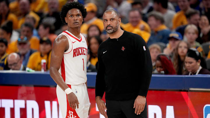 May 2, 2025; San Francisco, California, USA; Houston Rockets forward Amen Thompson (1) meets with Houston Rockets head coach Ime Udoka during a break in the action against the Golden State Warriors in the fourth quarter of game six of the first round for the 2025 NBA Playoffs at Chase Center. Mandatory Credit: Cary Edmondson-Imagn Images May 2, 2025; San Francisco, California, USA; Houston Rockets forward Amen Thompson (1) meets with Houston Rockets head coach Ime Udoka during a break in the action against the Golden State Warriors in the fourth quarter of game six of the first round for the 2025 NBA Playoffs at Chase Center. Mandatory Credit: Cary Edmondson-Imagn Images
