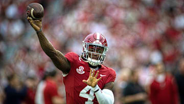 Sep 28, 2024; Tuscaloosa, Alabama, USA; Alabama Crimson Tide quarterback Jalen Milroe (4) throws a pass during warm ups before a game against the Georgia Bulldogs at Bryant-Denny Stadium. Mandatory Credit: Will McLelland-Imagn Images