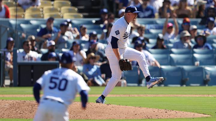 Oct 3, 2026; Los Angeles, California, USA;  Los Angeles Dodgers pitcher Tarik Skubal (29) reacts during the fifth inning of game one of the NLDS against the Atlanta Braves for the 2026 MLB Playoffs at Uniqlo Field at Dodger Stadium.  Mandatory Credit: Kiyoshi Mio-Imagn Images